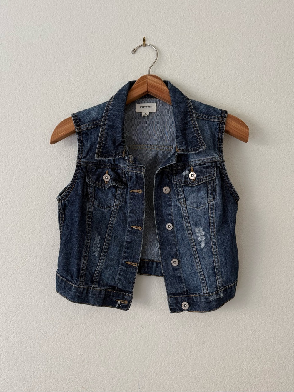 C'est Toi Women’s Distressed Crop Denim Vest in Dark Blue Size S